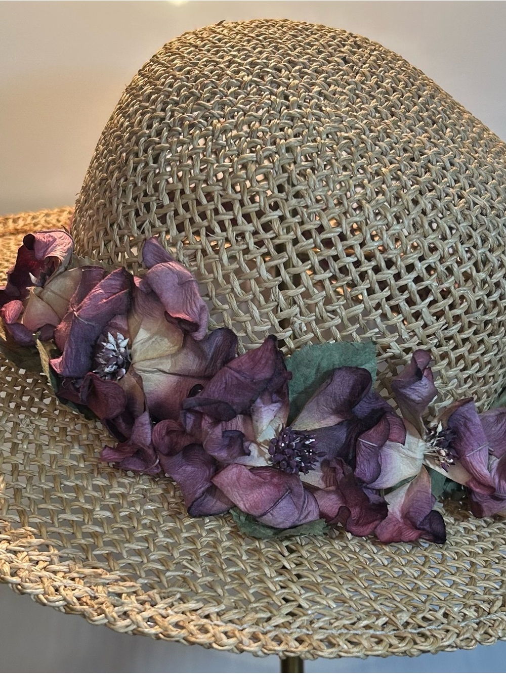 Vintage Natural Straw Hat with Purple Floral Trim Cottagecore